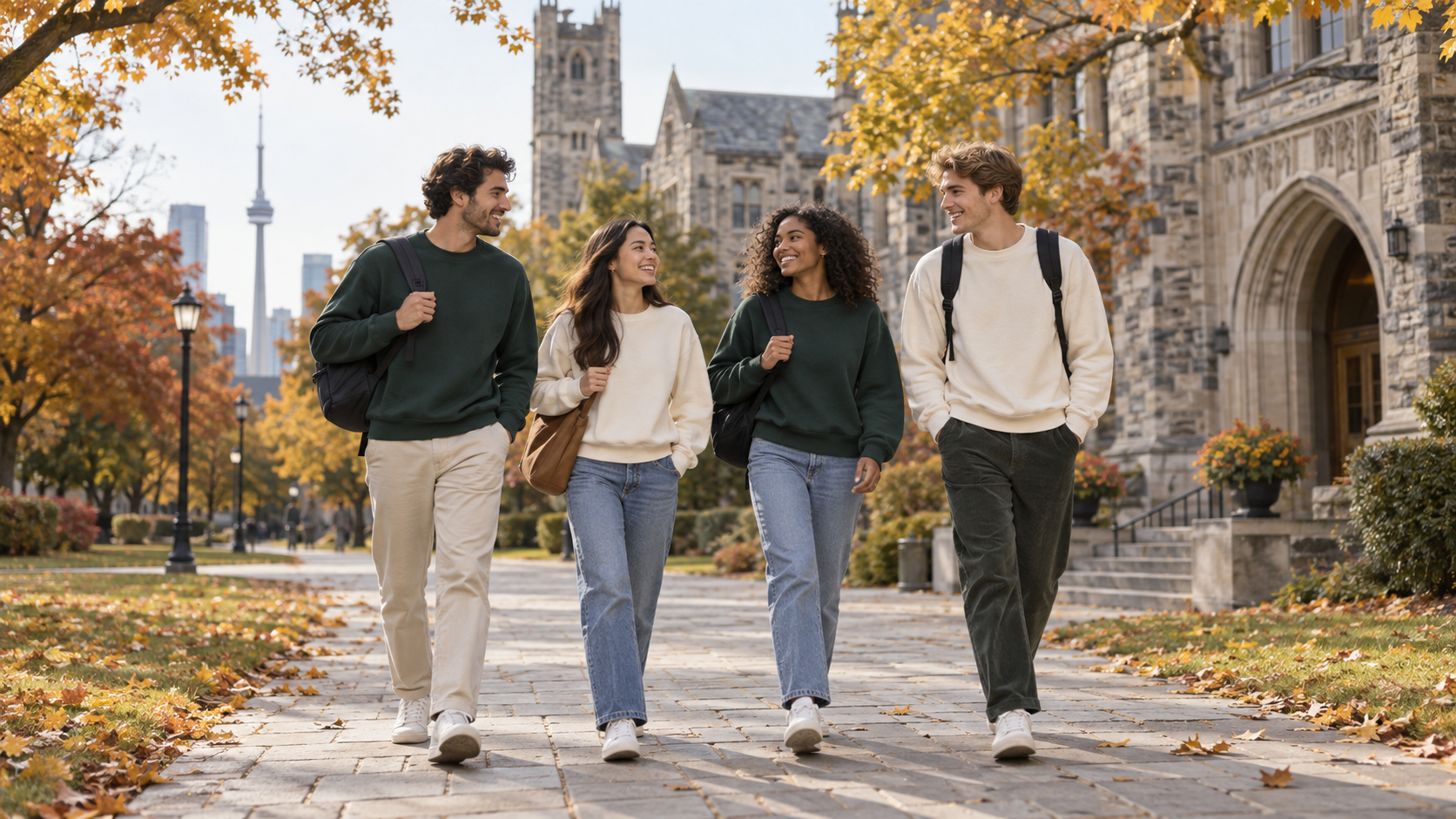 Illustrative friends walking across an autumn campus in unbranded casual clothing