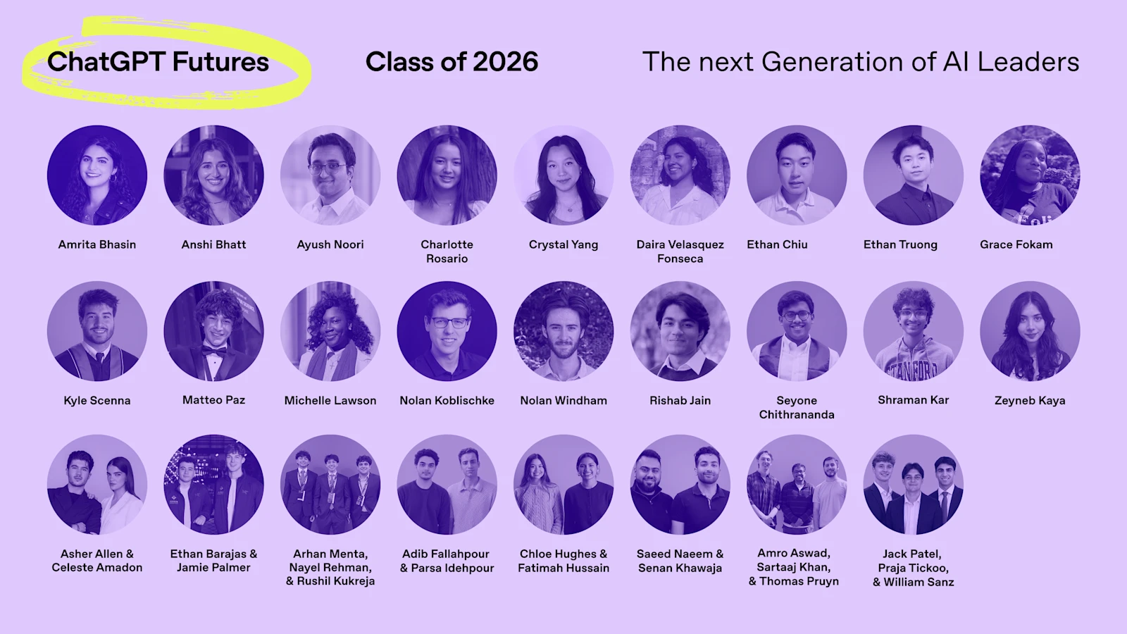 Official ChatGPT Futures Class of 2026 visual showing student portraits and the next generation of AI leaders