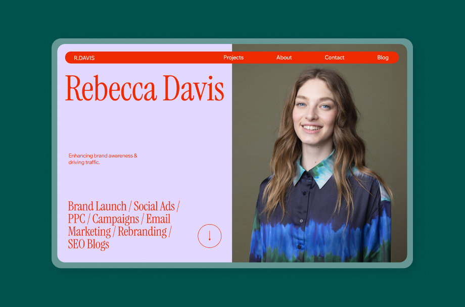 Official Wix student portfolio example showing a portfolio site and its creator