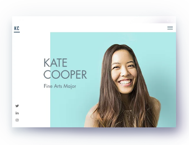 Official Wix for Students example showing Kate Cooper's student portfolio site and portrait