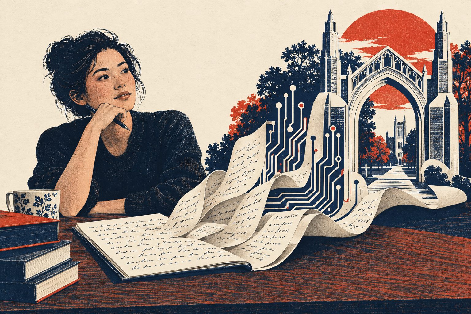 Editorial illustration of a learner with visible eyes, handwritten notes and circuits beneath a campus arch
