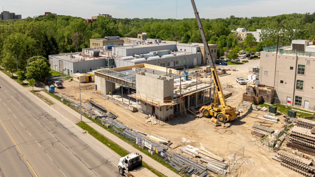 Colour aerial photograph of the Pathogen Research Centre under construction at Western Research Parks